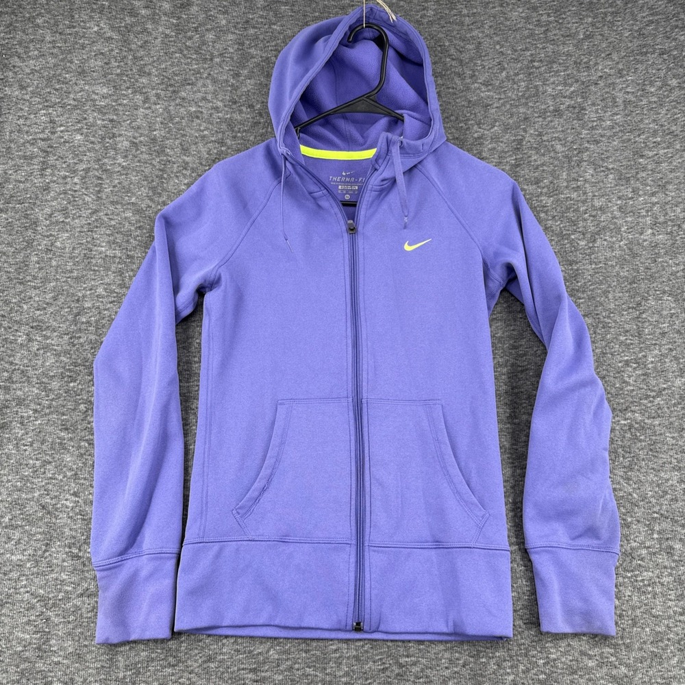 Nike Full Zip Hoodie Women XS Purple Therma-FIT Neon Swoosh Activewear